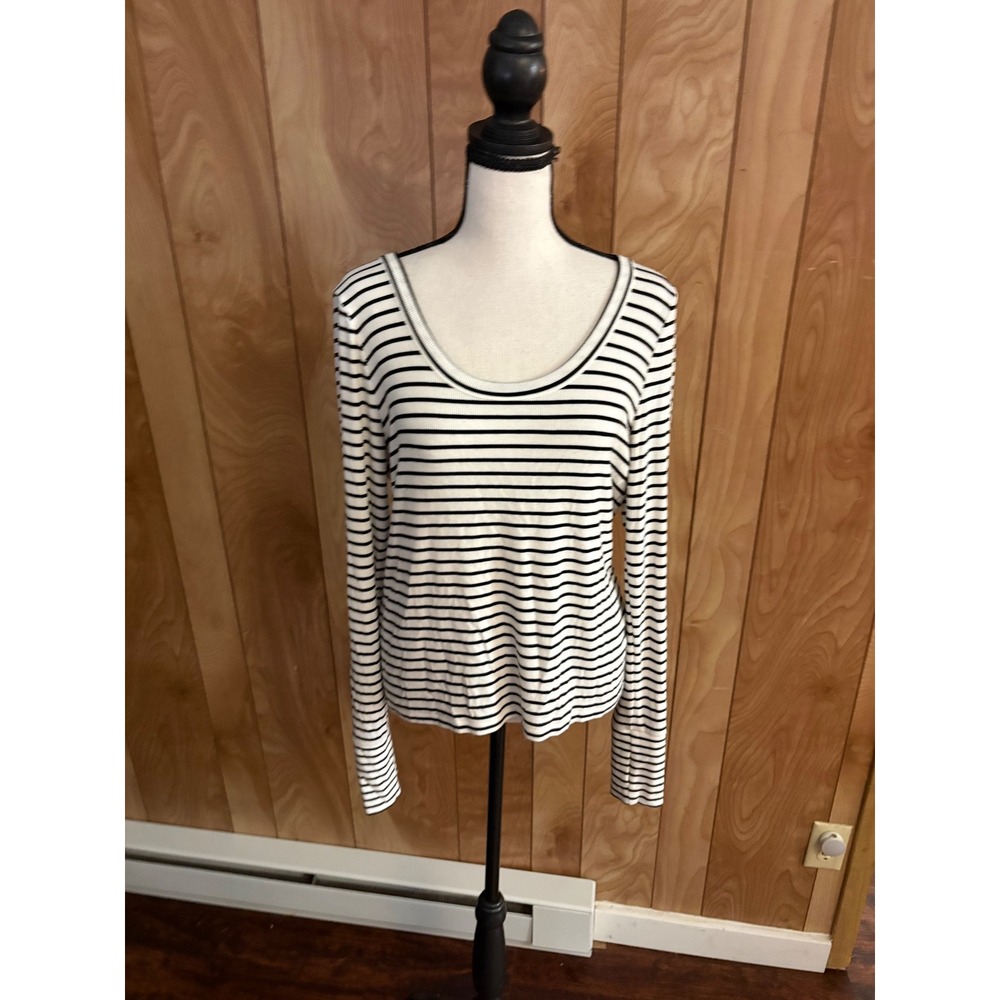Evereve Black White Striped Ribbed Scoop Neck Long Sleeve Top Medium